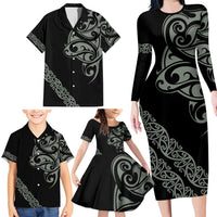 All Black Maori Tribal Tattoo Personalised Family Matching Long Sleeve Bodycon Dress and Hawaiian Shirt Moss Green Polynesian Style - Polynesian Pride