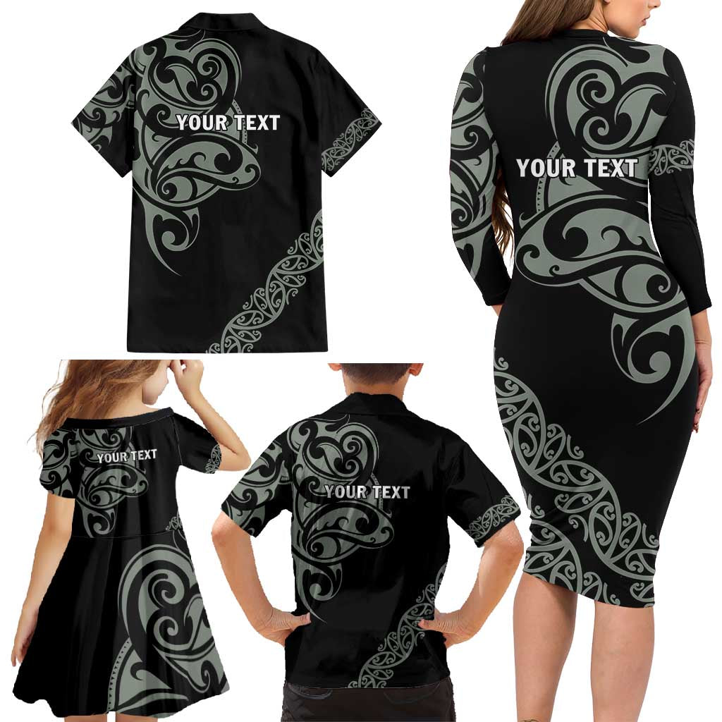 All Black Maori Tribal Tattoo Personalised Family Matching Long Sleeve Bodycon Dress and Hawaiian Shirt Moss Green Polynesian Style - Polynesian Pride
