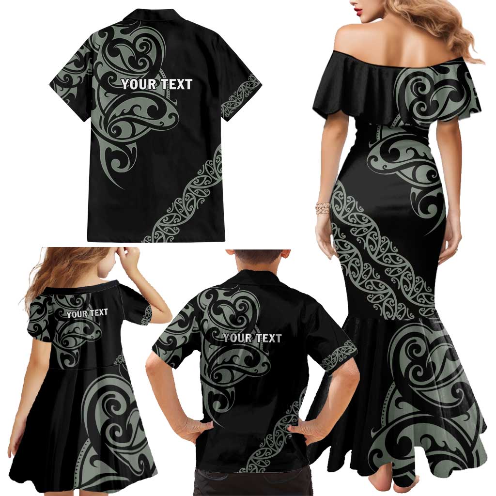 All Black Maori Tribal Tattoo Personalised Family Matching Mermaid Dress and Hawaiian Shirt Moss Green Polynesian Style - Polynesian Pride
