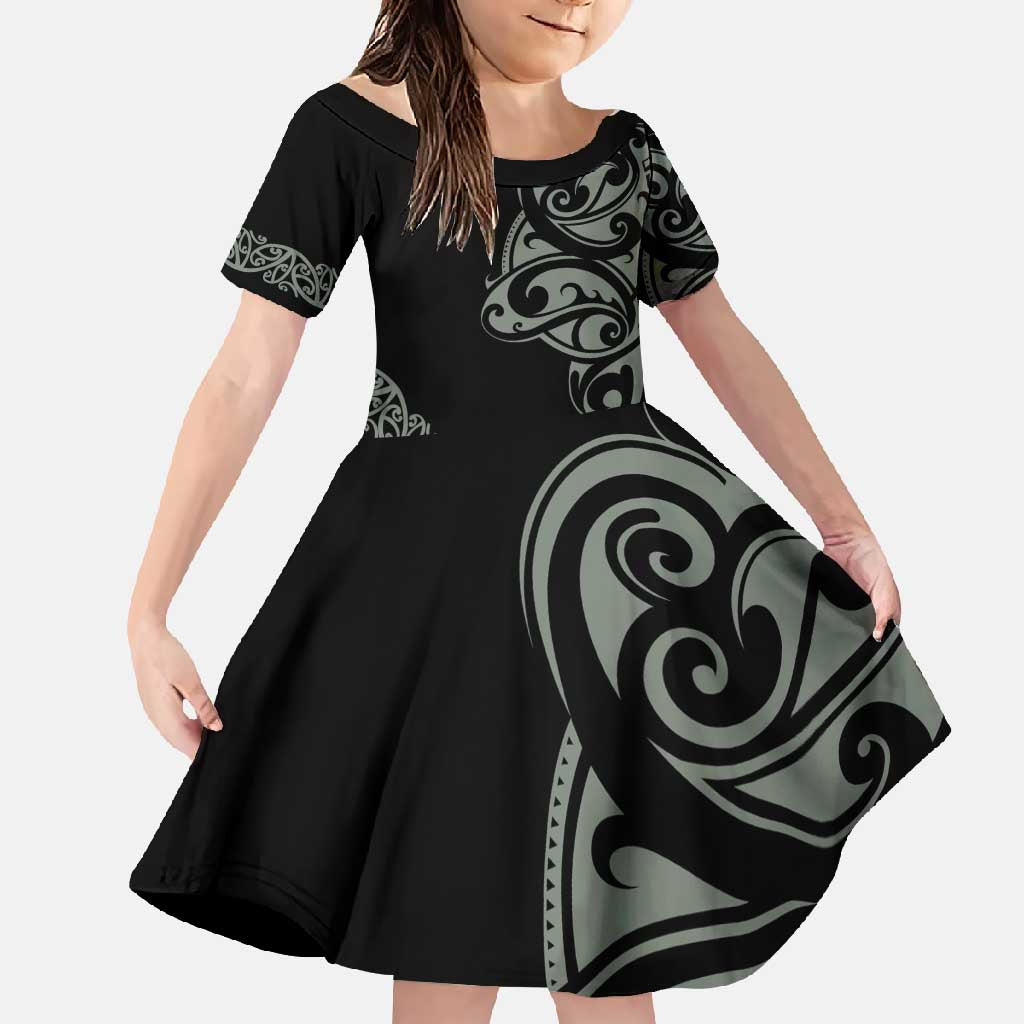 All Black Maori Tribal Tattoo Personalised Family Matching Off Shoulder Maxi Dress and Hawaiian Shirt Moss Green Polynesian Style - Polynesian Pride