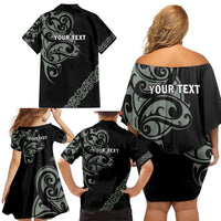 All Black Maori Tribal Tattoo Personalised Family Matching Off Shoulder Short Dress and Hawaiian Shirt Moss Green Polynesian Style - Polynesian Pride