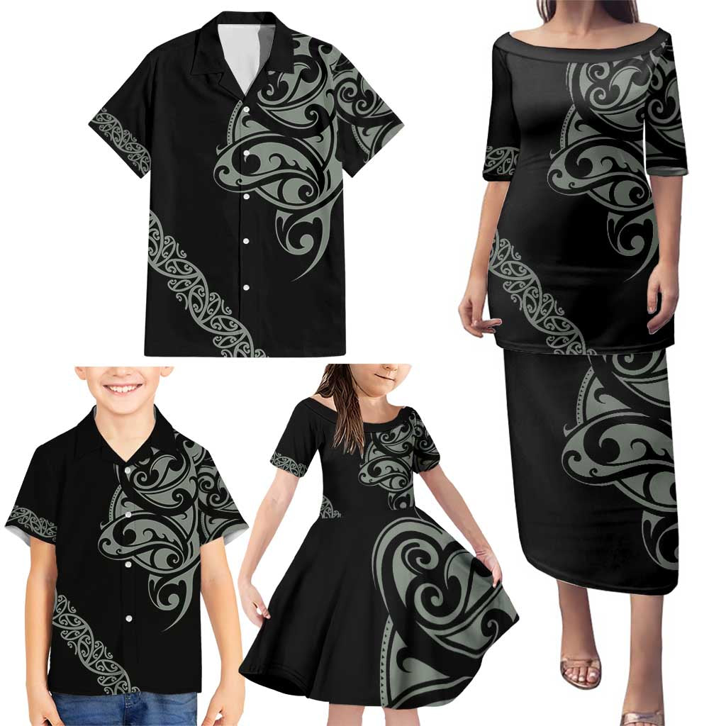 All Black Maori Tribal Tattoo Personalised Family Matching Puletasi and Hawaiian Shirt Moss Green Polynesian Style - Polynesian Pride