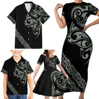 All Black Maori Tribal Tattoo Personalised Family Matching Short Sleeve Bodycon Dress and Hawaiian Shirt Moss Green Polynesian Style - Polynesian Pride