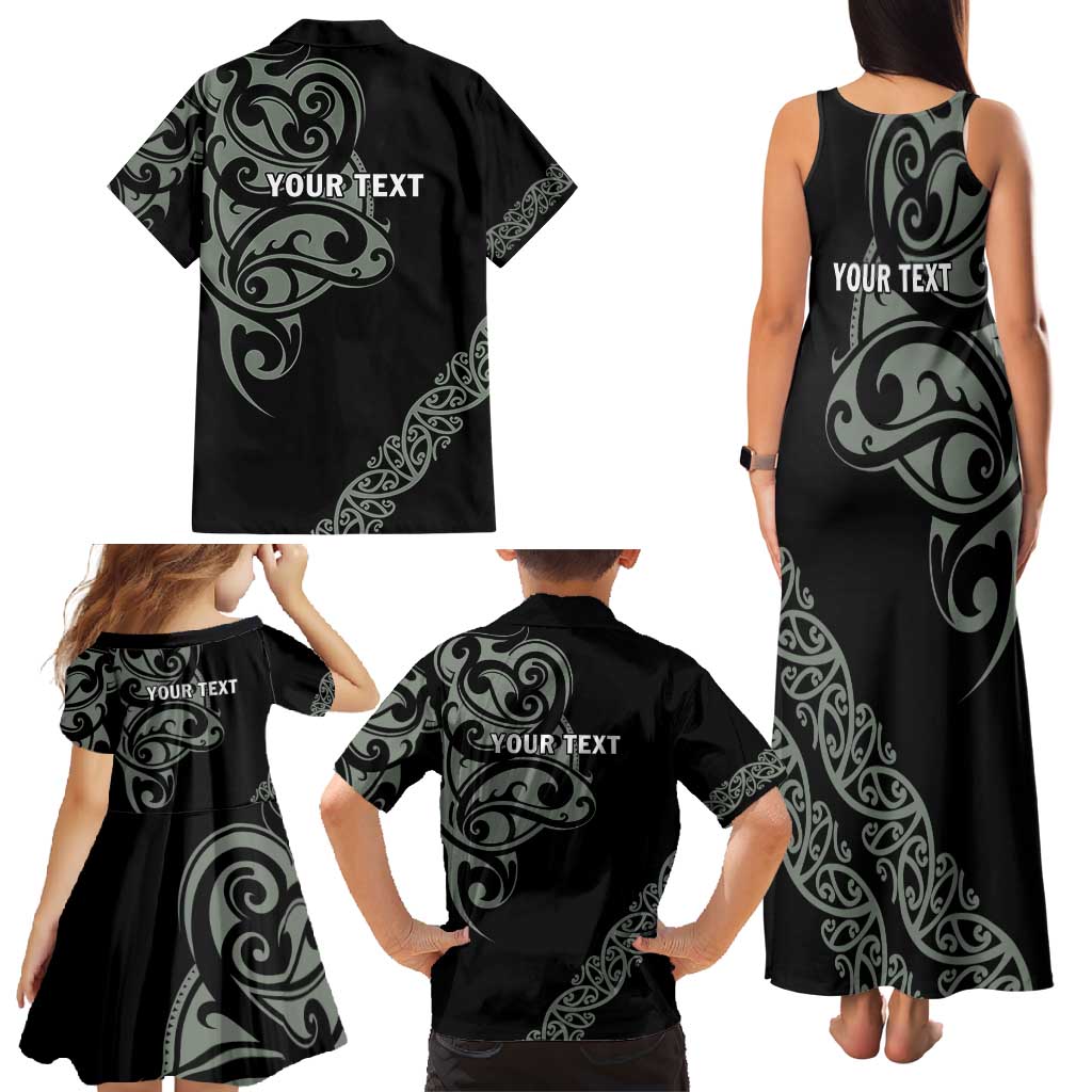 All Black Maori Tribal Tattoo Personalised Family Matching Tank Maxi Dress and Hawaiian Shirt Moss Green Polynesian Style - Polynesian Pride