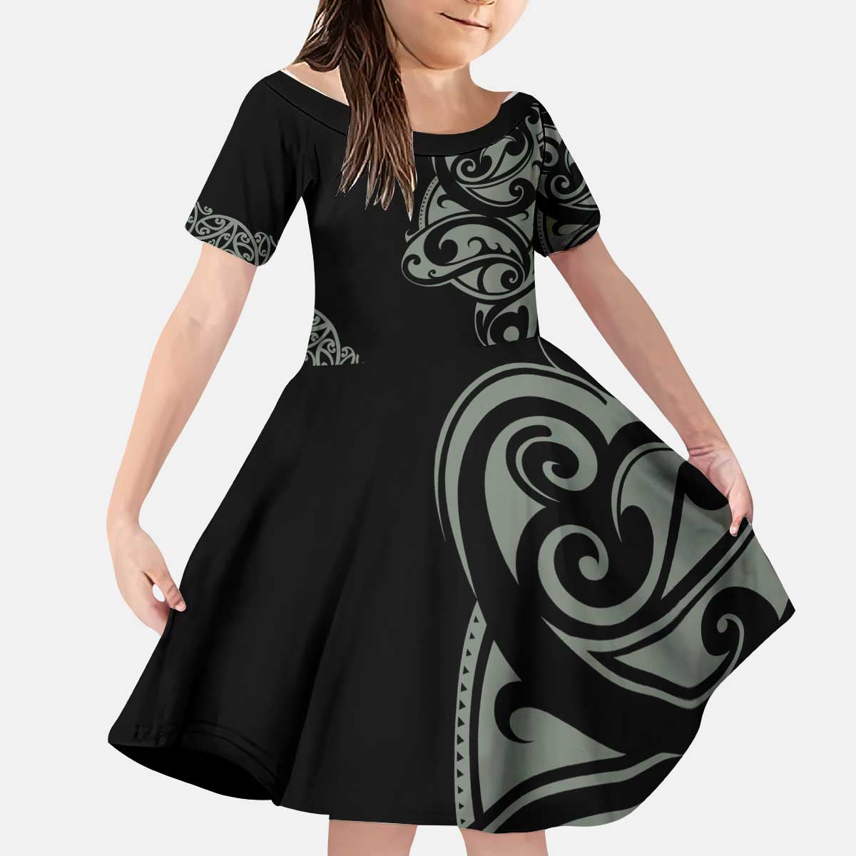 All Black Maori Tribal Tattoo Personalised Kid Short Sleeve Dress Moss Green Polynesian Style - Polynesian Pride