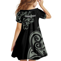 All Black Maori Tribal Tattoo Personalised Kid Short Sleeve Dress Moss Green Polynesian Style - Polynesian Pride