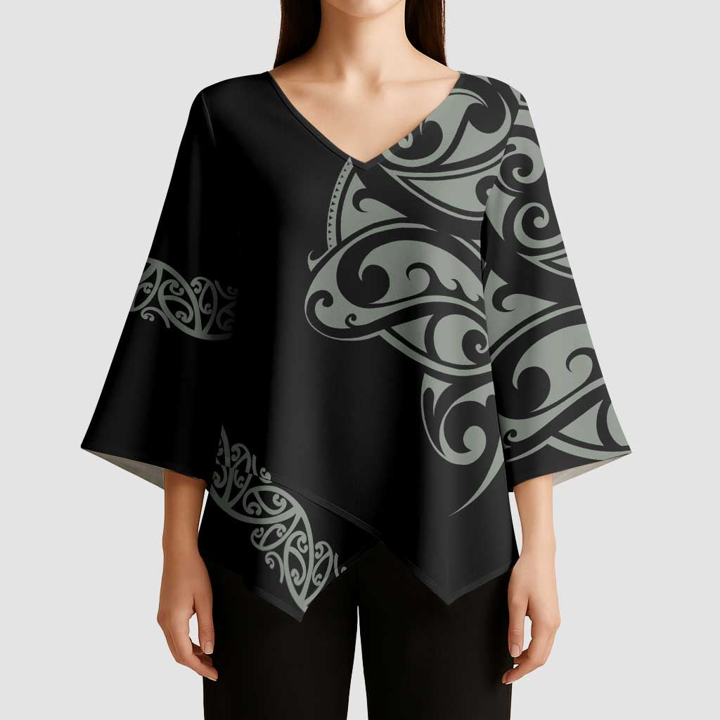 All Black Maori Tribal Tattoo Personalised Kimono Sleeve Blouse Moss Green Polynesian Style - Polynesian Pride
