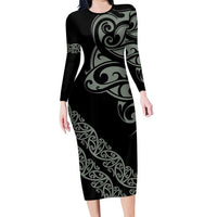 All Black Maori Tribal Tattoo Personalised Long Sleeve Bodycon Dress Moss Green Polynesian Style - Polynesian Pride