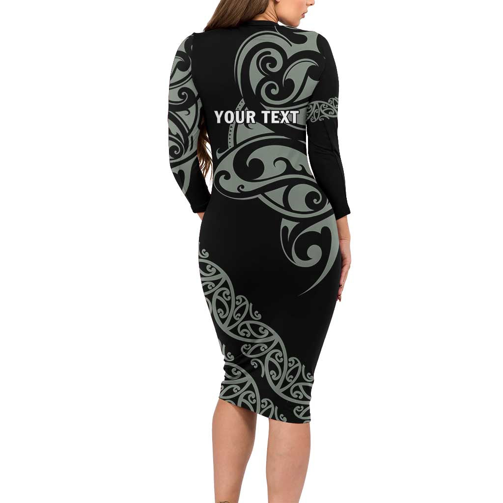 All Black Maori Tribal Tattoo Personalised Long Sleeve Bodycon Dress Moss Green Polynesian Style - Polynesian Pride