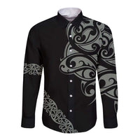 All Black Maori Tribal Tattoo Personalised Long Sleeve Button Shirt Moss Green Polynesian Style - Polynesian Pride