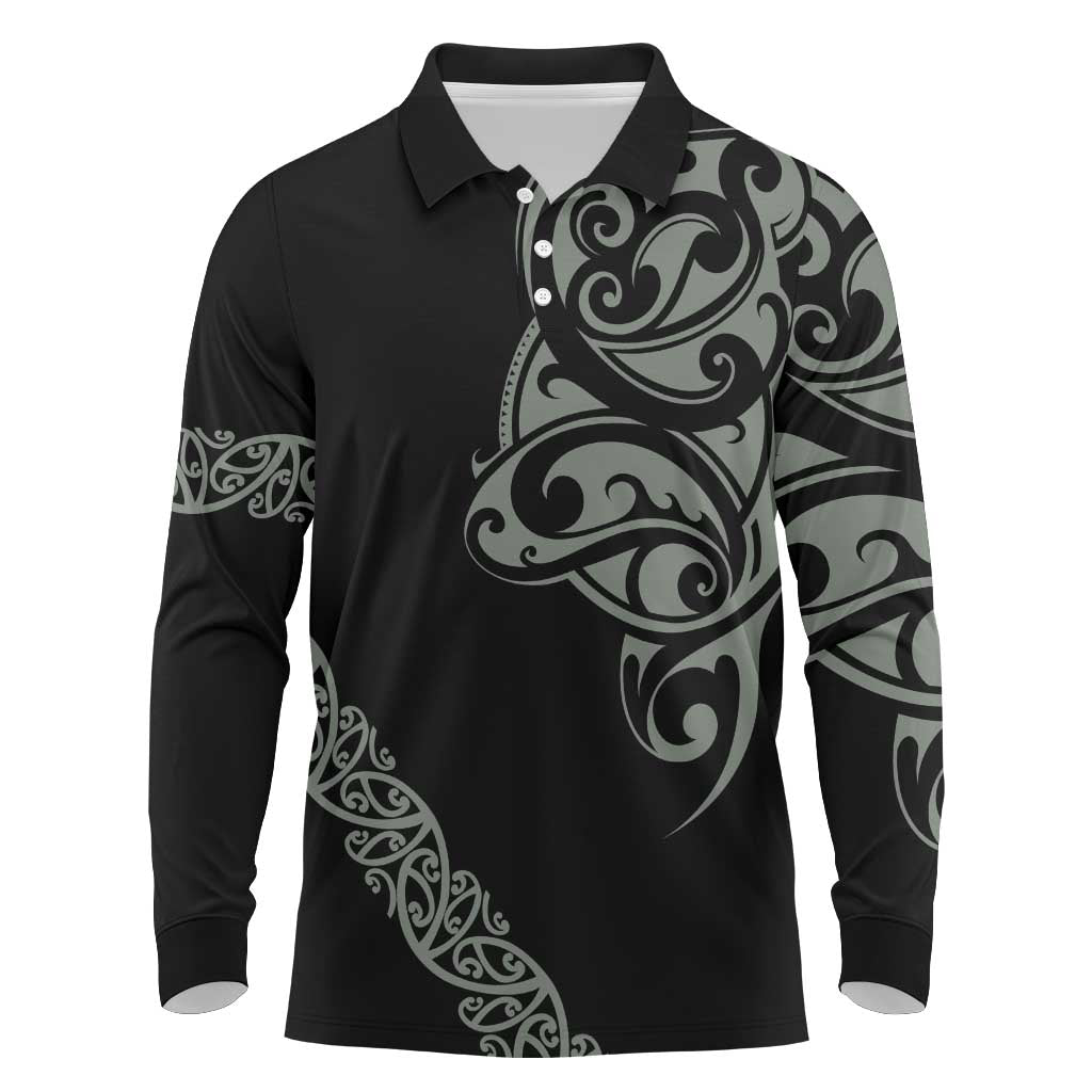 All Black Maori Tribal Tattoo Personalised Long Sleeve Polo Shirt Moss Green Polynesian Style - Polynesian Pride