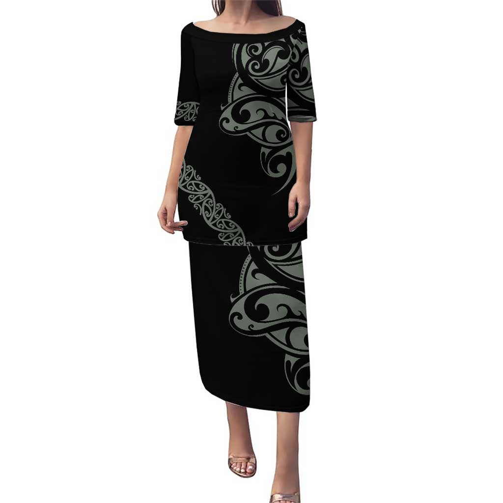 All Black Maori Tribal Tattoo Personalised Puletasi Moss Green Polynesian Style LT9 Long Dress Green - Polynesian Pride