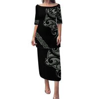 All Black Maori Tribal Tattoo Personalised Puletasi Moss Green Polynesian Style LT9 Long Dress Green - Polynesian Pride