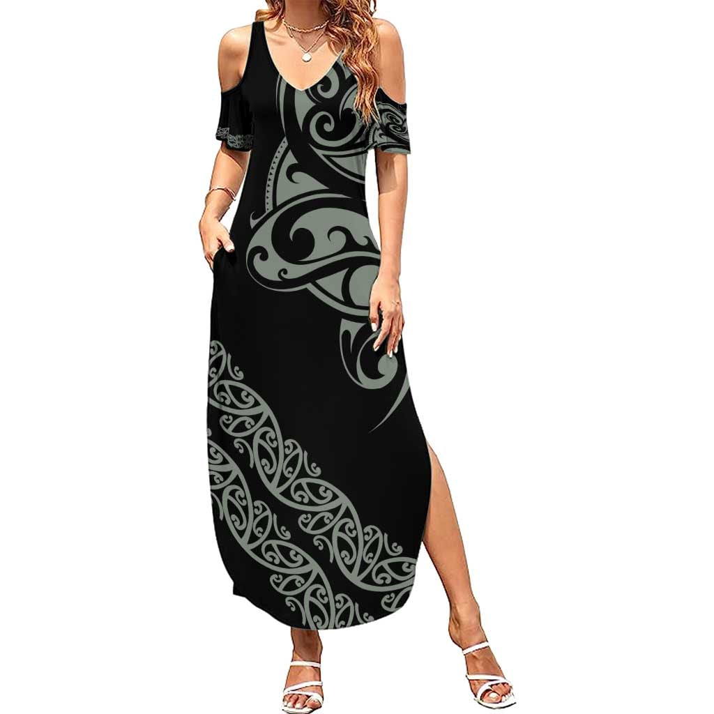 All Black Maori Tribal Tattoo Personalised Summer Maxi Dress Moss Green Polynesian Style - Polynesian Pride