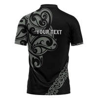 All Black Maori Tribal Tattoo Personalised Zipper Polo Shirt Moss Green Polynesian Style - Polynesian Pride
