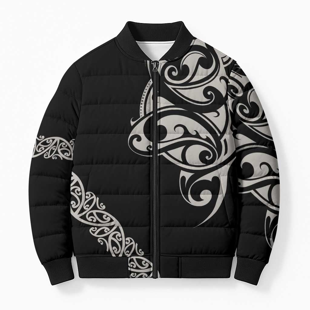All Black Maori Tribal Tattoo Personalised Bomber Puffer Jacket Stone Gray Polynesian Style - Polynesian Pride