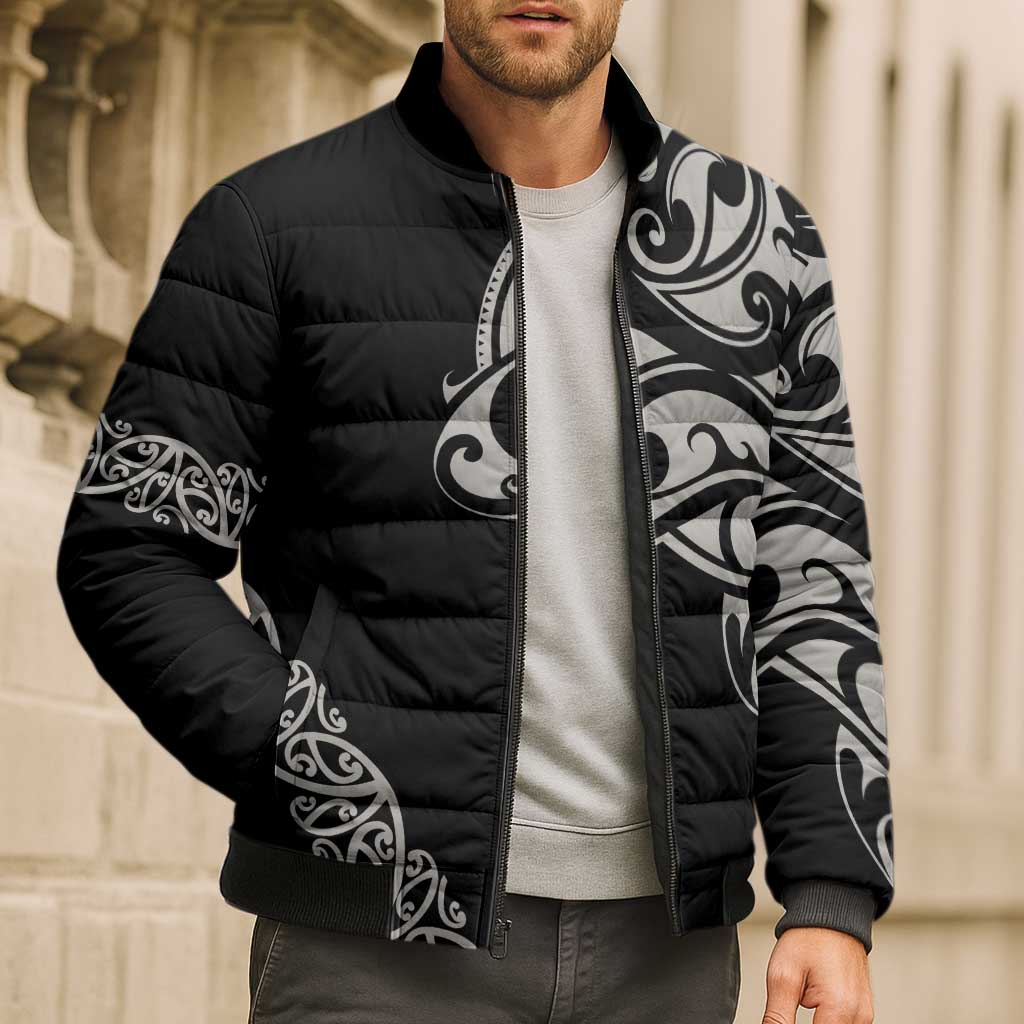 All Black Maori Tribal Tattoo Personalised Bomber Puffer Jacket Stone Gray Polynesian Style - Polynesian Pride