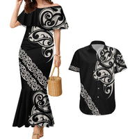 All Black Maori Tribal Tattoo Personalised Couples Matching Mermaid Dress and Hawaiian Shirt Stone Gray Polynesian Style - Polynesian Pride