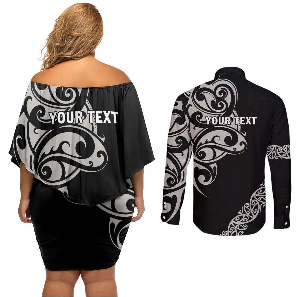 All Black Maori Tribal Tattoo Personalised Couples Matching Off Shoulder Short Dress and Long Sleeve Button Shirt Stone Gray Polynesian Style - Polynesian Pride