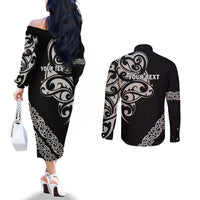 All Black Maori Tribal Tattoo Personalised Couples Matching Off The Shoulder Long Sleeve Dress and Long Sleeve Button Shirt Stone Gray Polynesian Style - Polynesian Pride