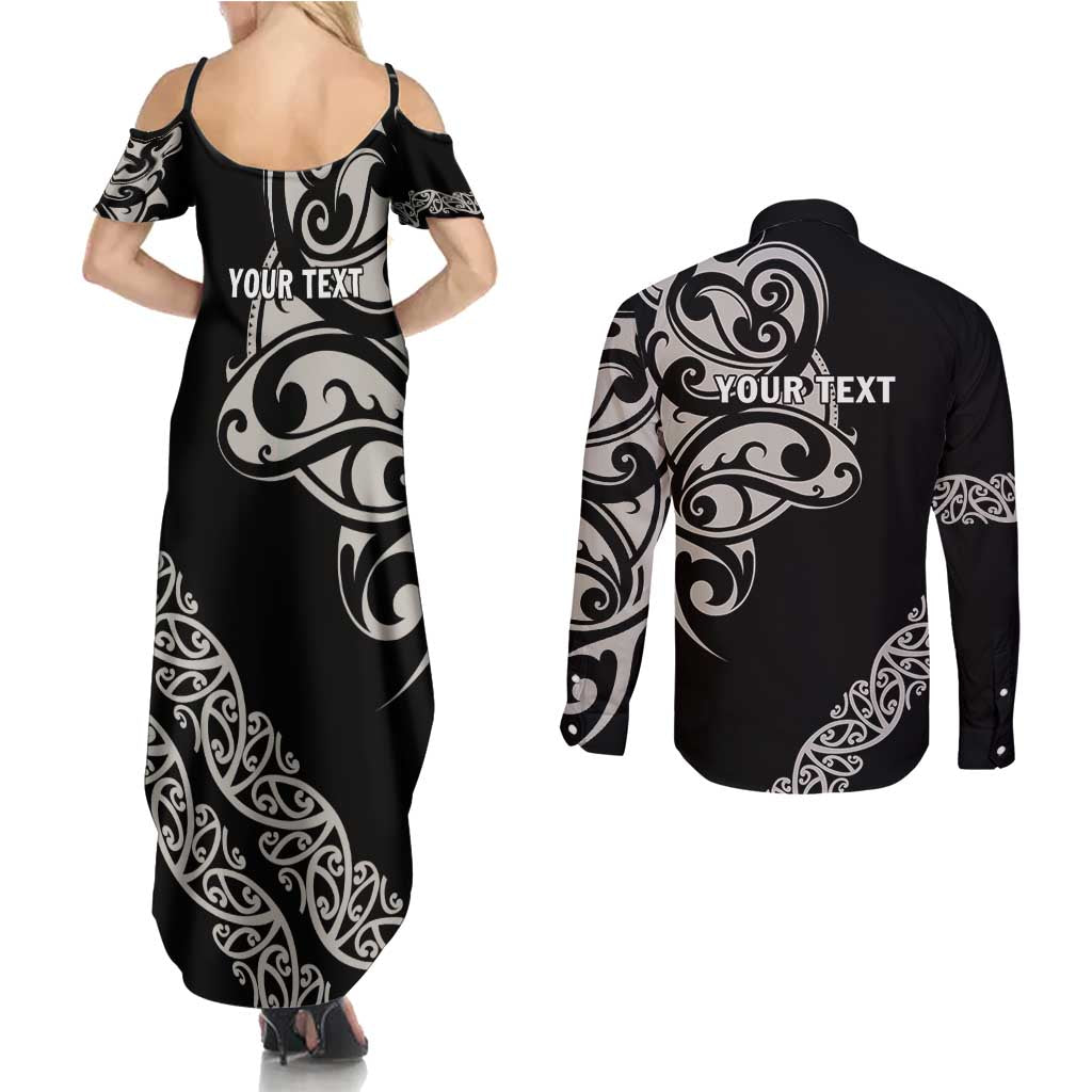 All Black Maori Tribal Tattoo Personalised Couples Matching Summer Maxi Dress and Long Sleeve Button Shirt Stone Gray Polynesian Style - Polynesian Pride