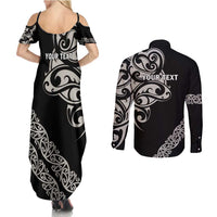 All Black Maori Tribal Tattoo Personalised Couples Matching Summer Maxi Dress and Long Sleeve Button Shirt Stone Gray Polynesian Style - Polynesian Pride