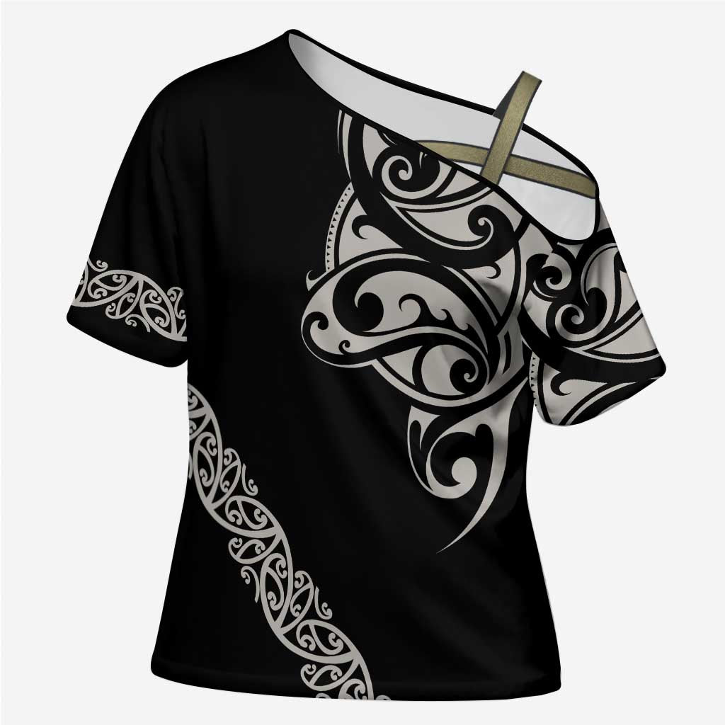 All Black Maori Tribal Tattoo Personalised Cross Shoulder Shirt Stone Gray Polynesian Style - Polynesian Pride