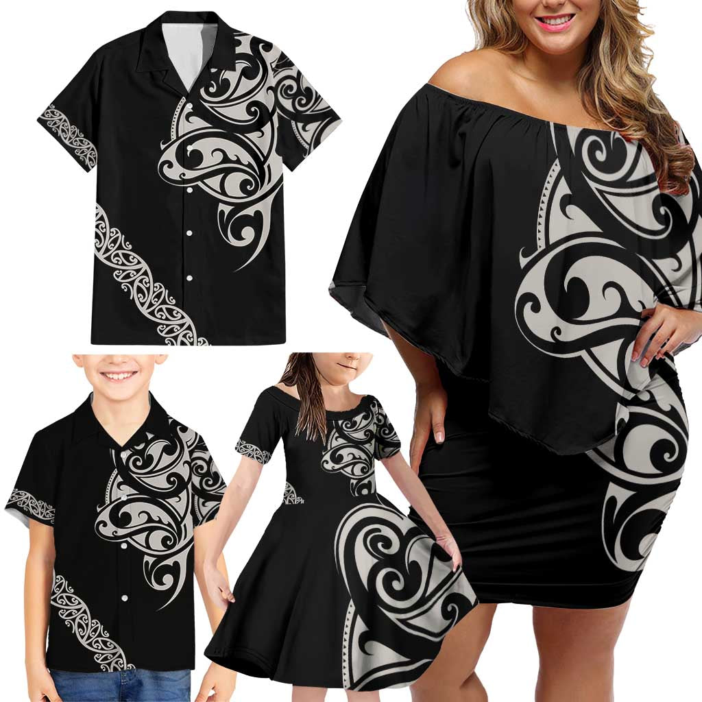 All Black Maori Tribal Tattoo Personalised Family Matching Off Shoulder Short Dress and Hawaiian Shirt Stone Gray Polynesian Style - Polynesian Pride