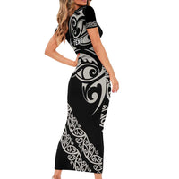 All Black Maori Tribal Tattoo Personalised Family Matching Short Sleeve Bodycon Dress and Hawaiian Shirt Stone Gray Polynesian Style - Polynesian Pride