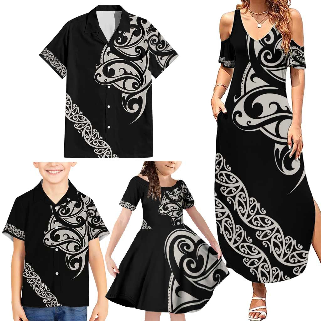 All Black Maori Tribal Tattoo Personalised Family Matching Summer Maxi Dress and Hawaiian Shirt Stone Gray Polynesian Style - Polynesian Pride