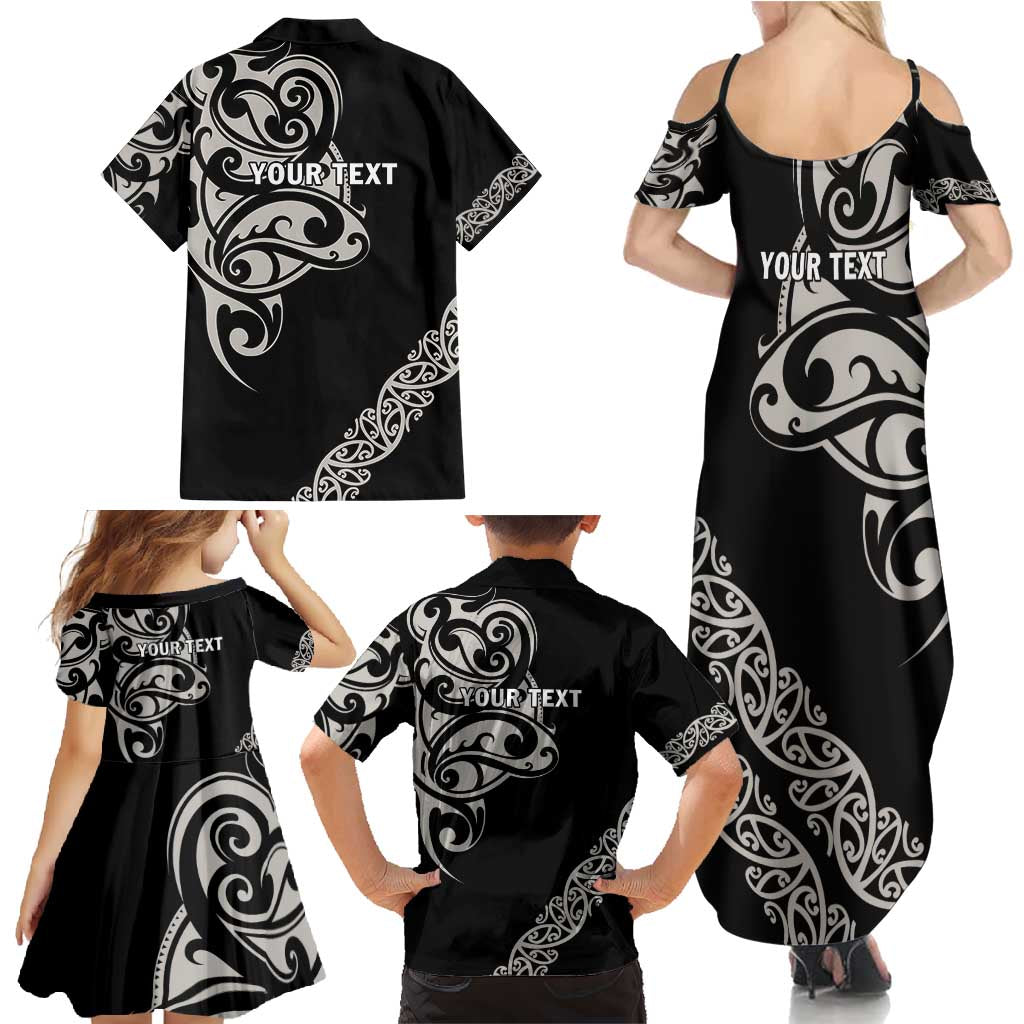 All Black Maori Tribal Tattoo Personalised Family Matching Summer Maxi Dress and Hawaiian Shirt Stone Gray Polynesian Style - Polynesian Pride