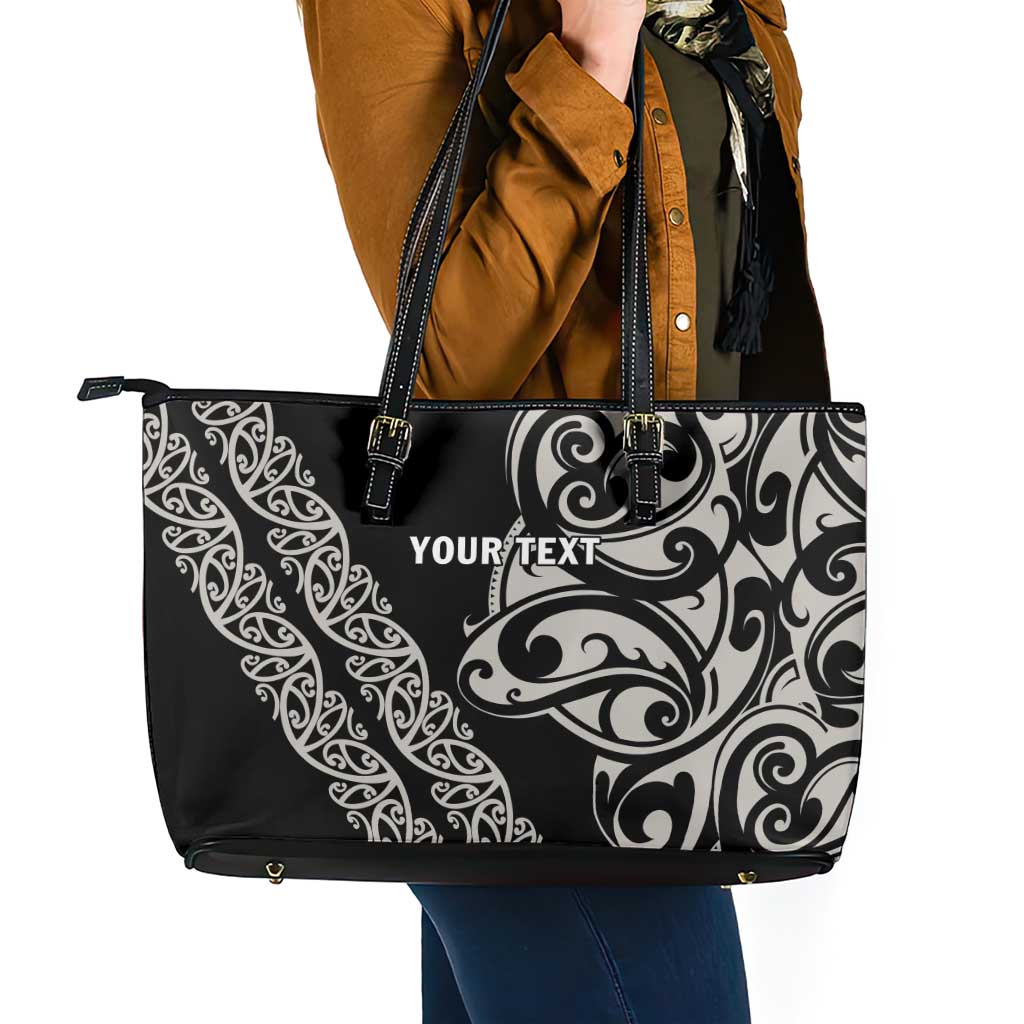 All Black Maori Tribal Tattoo Personalised Leather Tote Bag Stone Gray Polynesian Style - Polynesian Pride