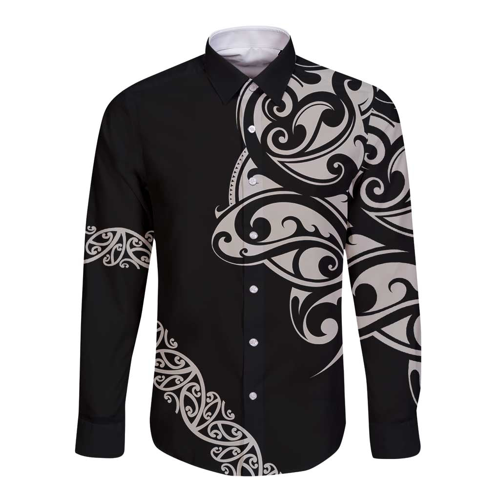 All Black Maori Tribal Tattoo Personalised Long Sleeve Button Shirt Stone Gray Polynesian Style - Polynesian Pride