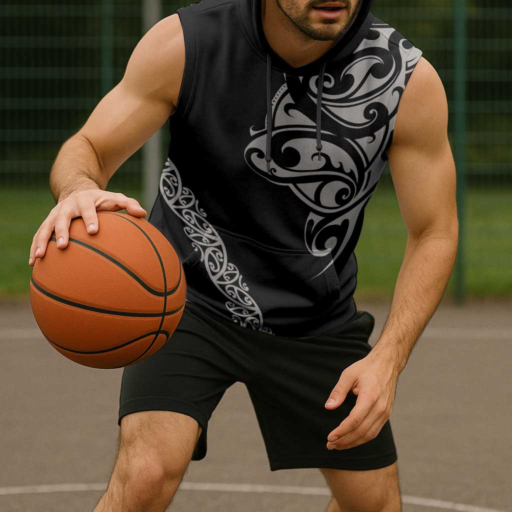 All Black Maori Tribal Tattoo Personalised Sleeveless Hoodie Stone Gray Polynesian Style - Polynesian Pride