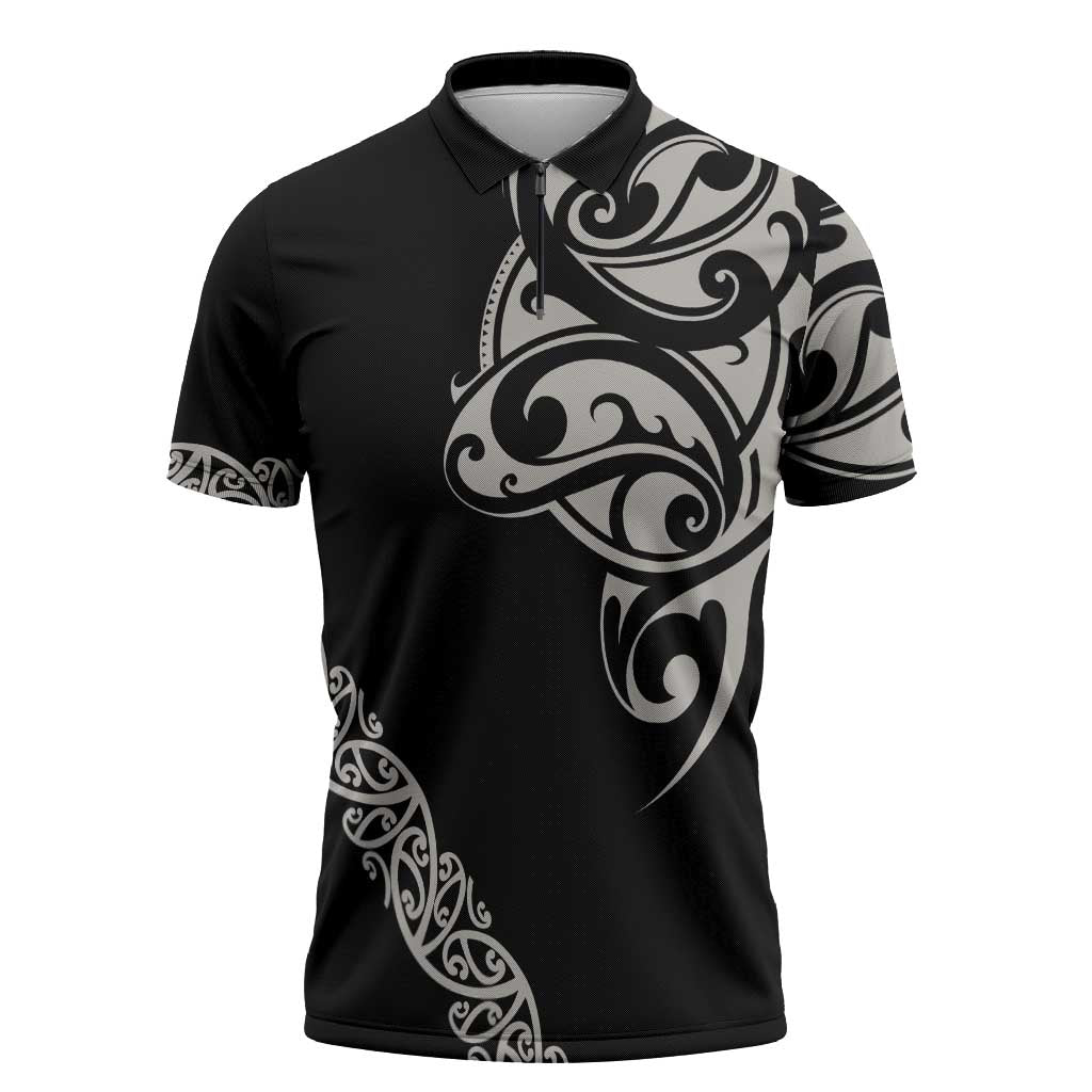 All Black Maori Tribal Tattoo Personalised Zipper Polo Shirt Stone Gray Polynesian Style - Polynesian Pride