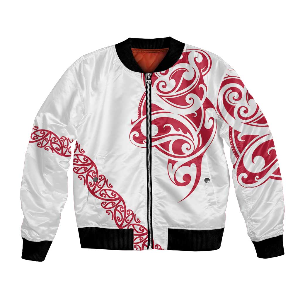 All White Maori Tribal Tattoo Personalised Bomber Jacket Classic Red Polynesian Style - Polynesian Pride