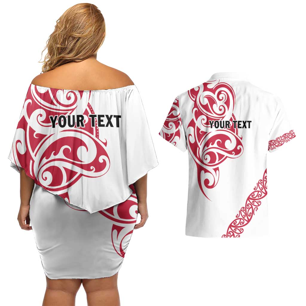 All White Maori Tribal Tattoo Personalised Couples Matching Off Shoulder Short Dress and Hawaiian Shirt Classic Red Polynesian Style - Polynesian Pride