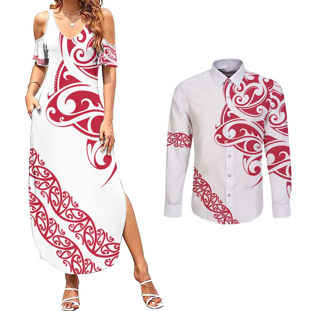 All White Maori Tribal Tattoo Personalised Couples Matching Summer Maxi Dress and Long Sleeve Button Shirt Classic Red Polynesian Style - Polynesian Pride