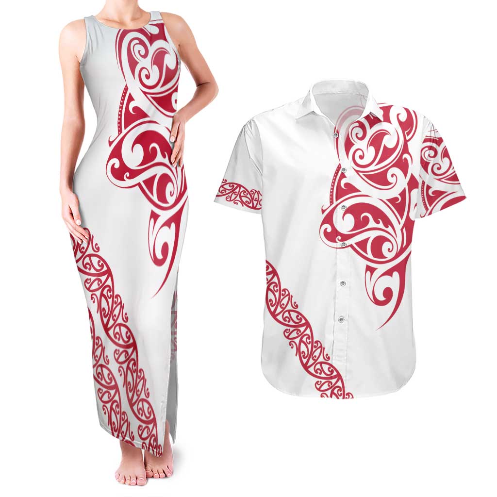 All White Maori Tribal Tattoo Personalised Couples Matching Tank Maxi Dress and Hawaiian Shirt Classic Red Polynesian Style - Polynesian Pride