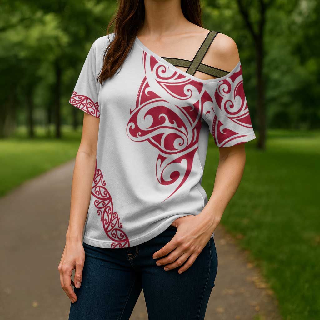 All White Maori Tribal Tattoo Personalised Cross Shoulder Shirt Classic Red Polynesian Style - Polynesian Pride