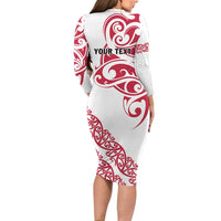 All White Maori Tribal Tattoo Personalised Family Matching Long Sleeve Bodycon Dress and Hawaiian Shirt Classic Red Polynesian Style - Polynesian Pride