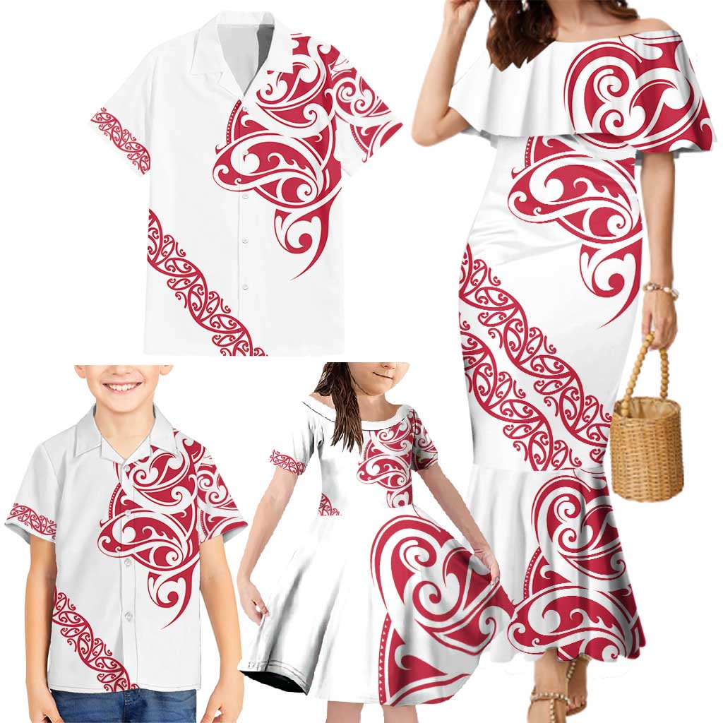 All White Maori Tribal Tattoo Personalised Family Matching Mermaid Dress and Hawaiian Shirt Classic Red Polynesian Style - Polynesian Pride