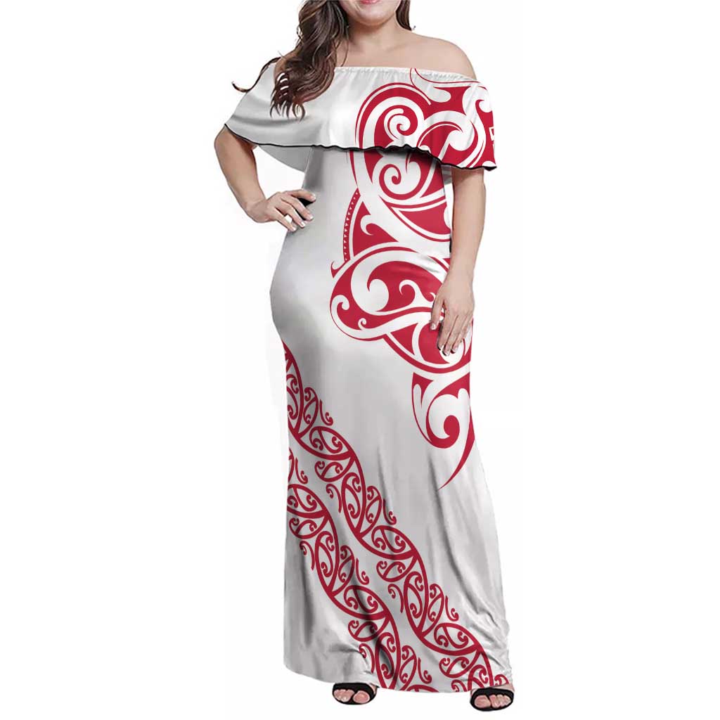 All White Maori Tribal Tattoo Personalised Family Matching Off Shoulder Maxi Dress and Hawaiian Shirt Classic Red Polynesian Style - Polynesian Pride