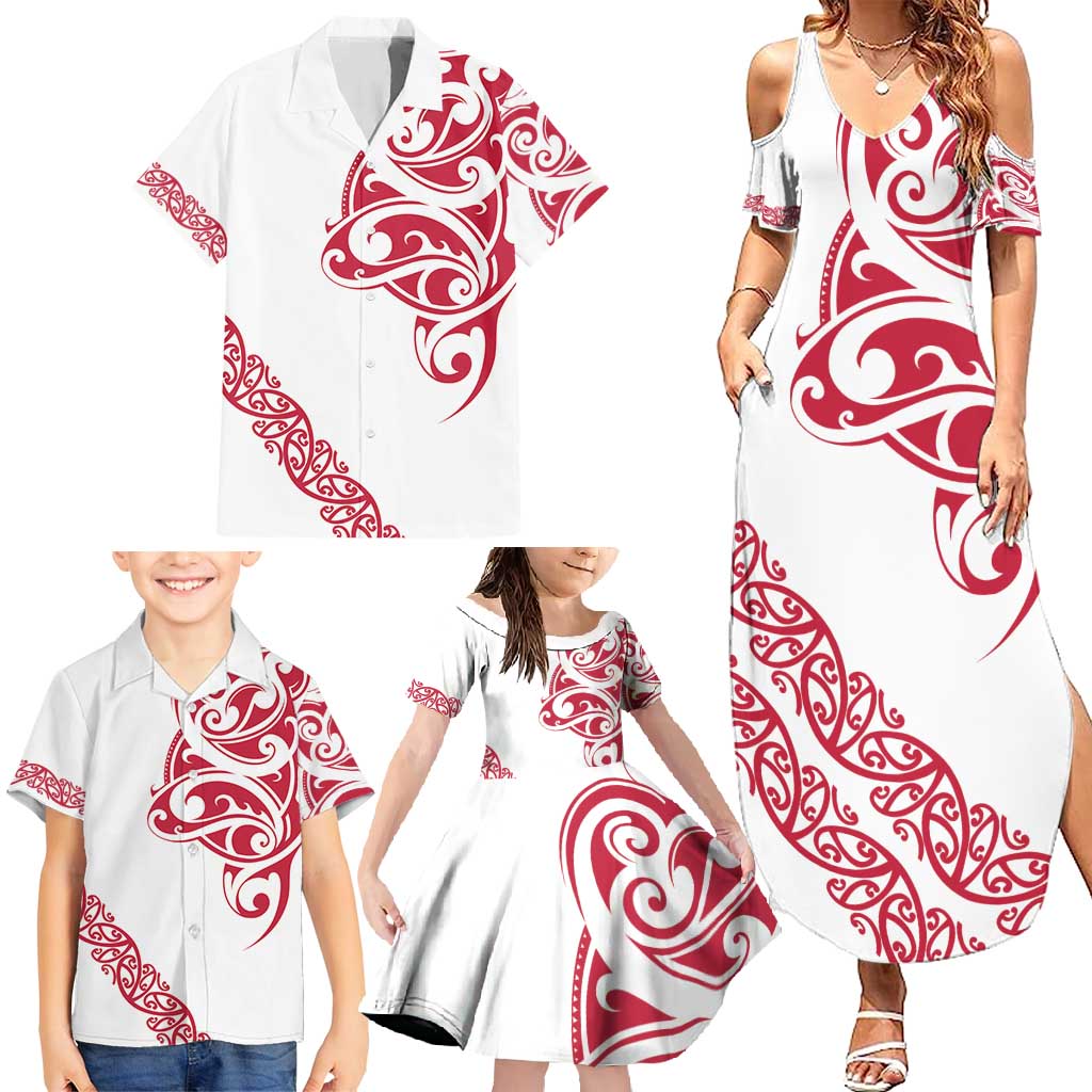 All White Maori Tribal Tattoo Personalised Family Matching Summer Maxi Dress and Hawaiian Shirt Classic Red Polynesian Style - Polynesian Pride