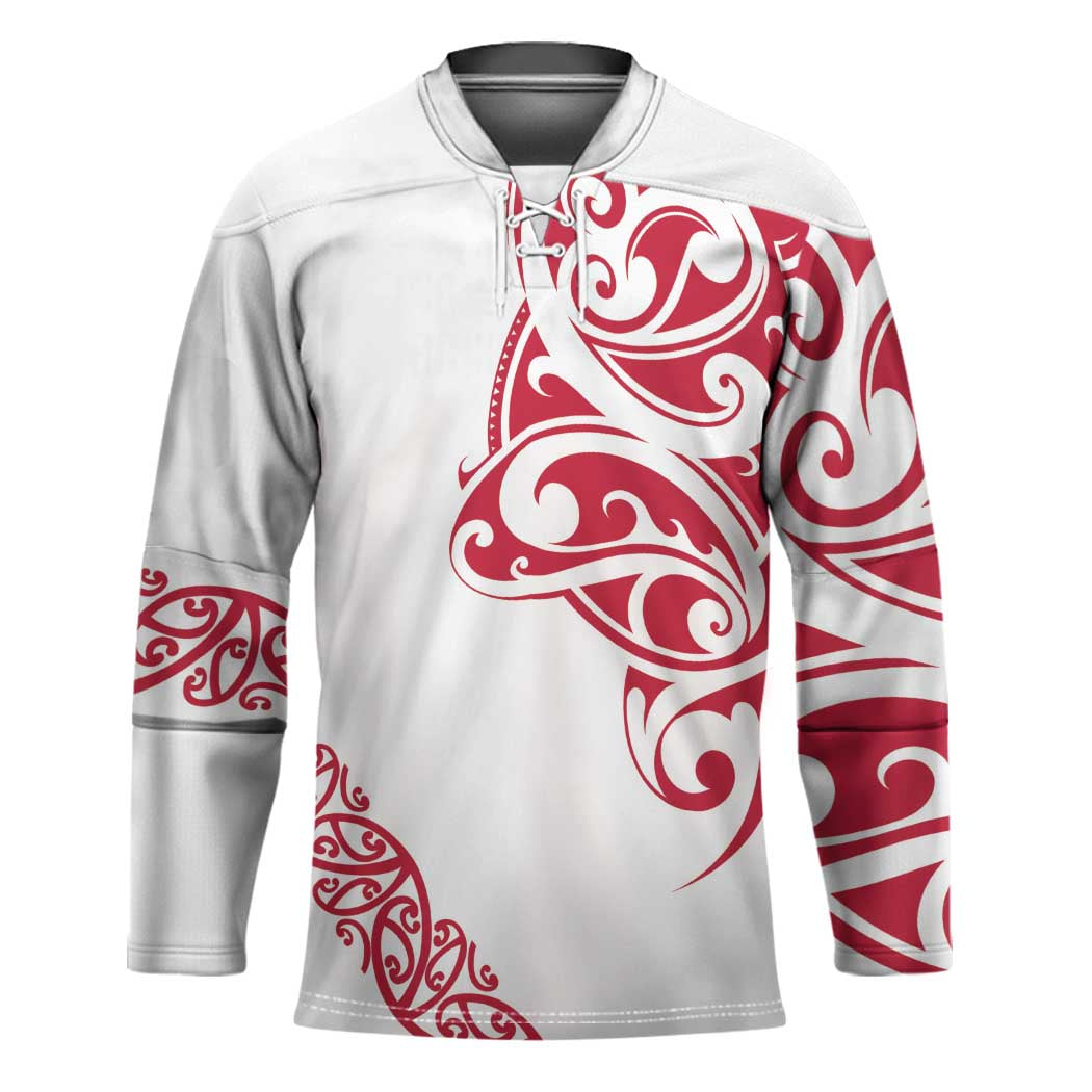 All White Maori Tribal Tattoo Personalised Hockey Jersey Classic Red Polynesian Style - Polynesian Pride