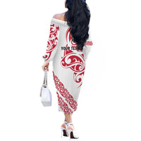 All White Maori Tribal Tattoo Personalised Off The Shoulder Long Sleeve Dress Classic Red Polynesian Style - Polynesian Pride