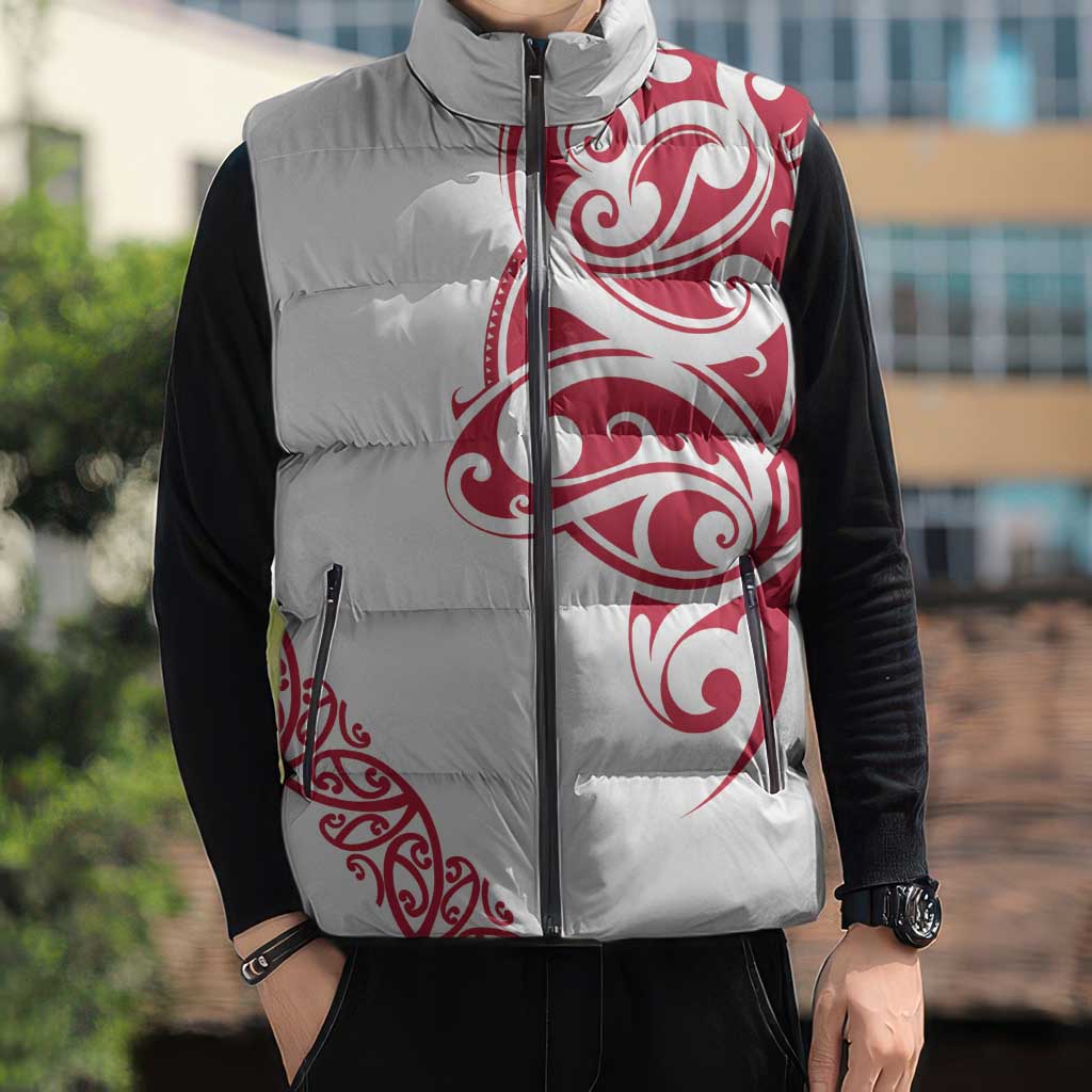 All White Maori Tribal Tattoo Personalised Sleeveless Puffer Jacket Classic Red Polynesian Style - Polynesian Pride