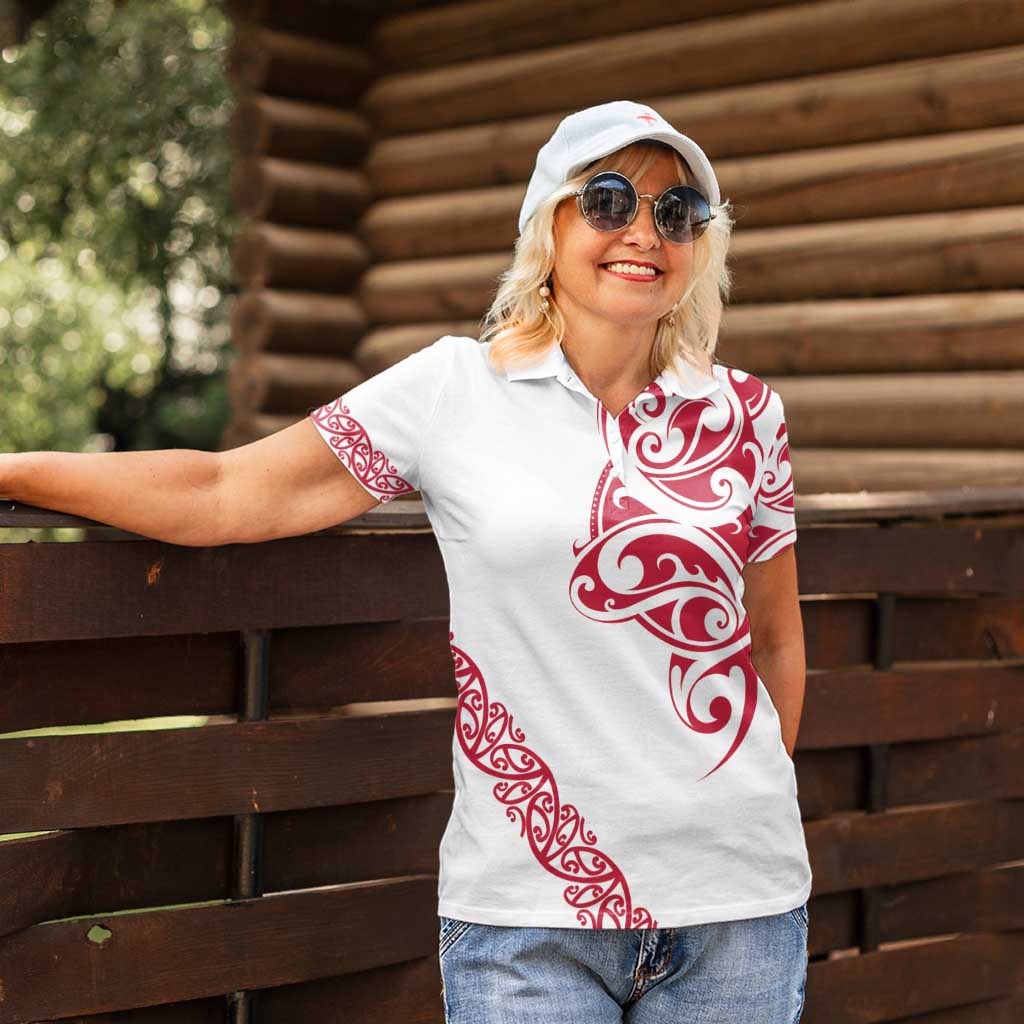 All White Maori Tribal Tattoo Personalised Women Polo Shirt Classic Red Polynesian Style - Polynesian Pride