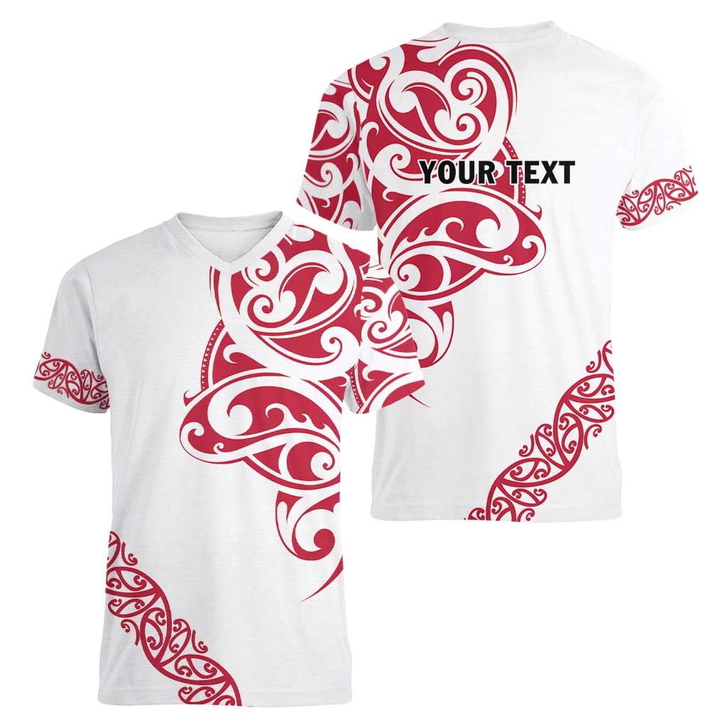 All White Maori Tribal Tattoo Personalised Women V-Neck T-Shirt Classic Red Polynesian Style - Polynesian Pride