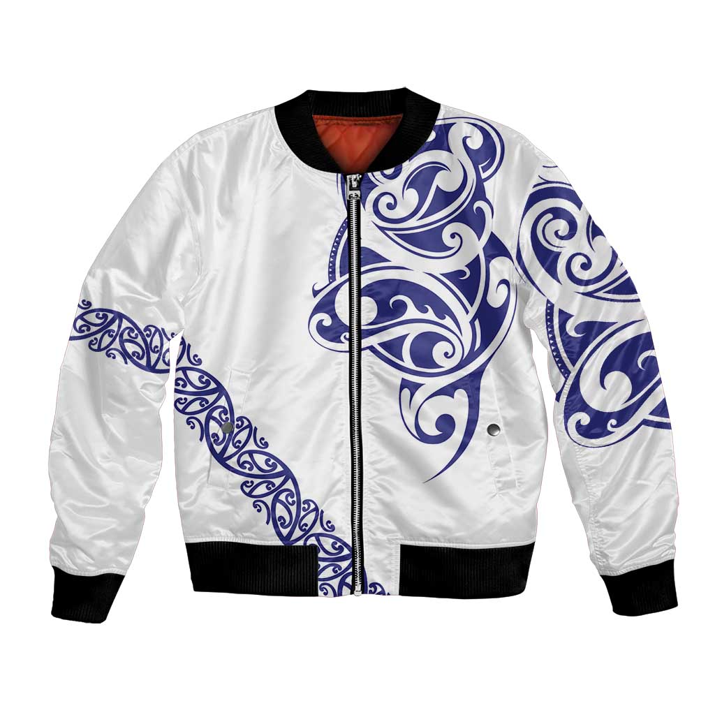 All White Maori Tribal Tattoo Personalised Bomber Jacket Dark Blue Polynesian Style LT9 Unisex Blue - Polynesian Pride